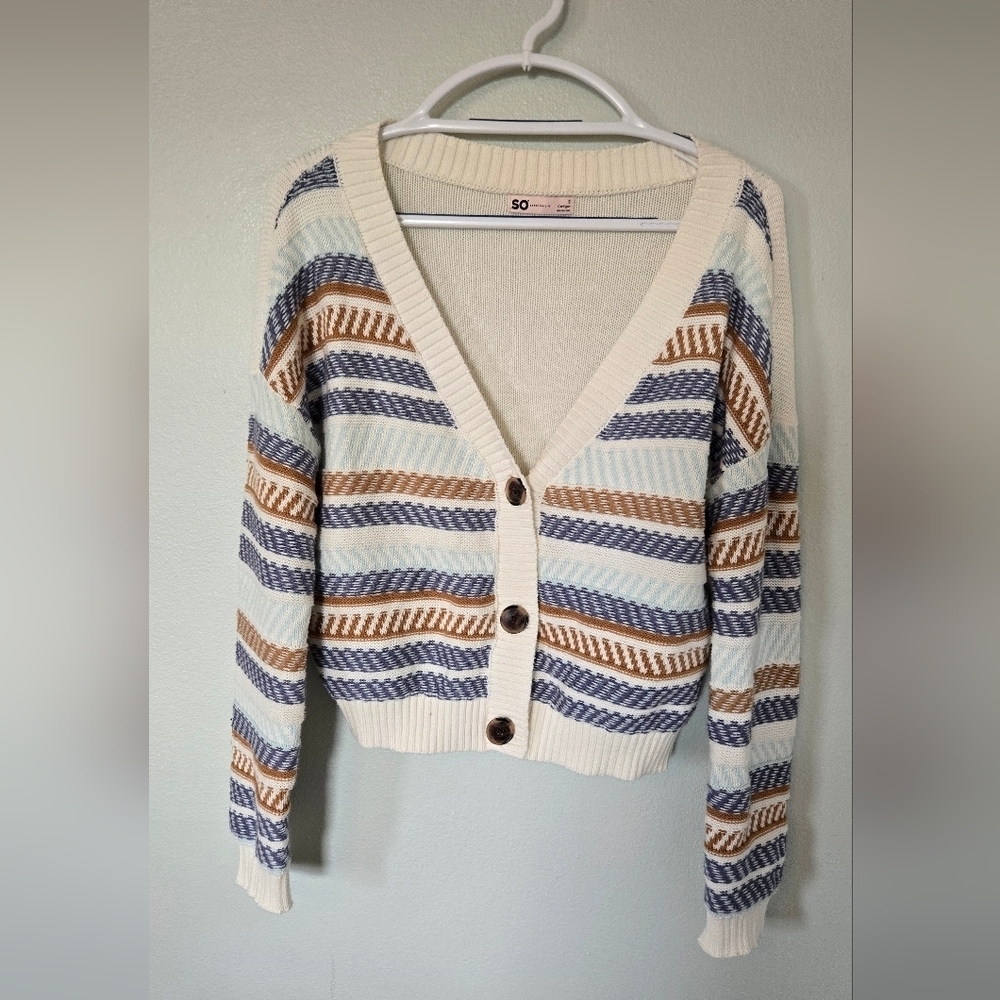 SO Brown and Blue Cropped Cardigan Size Small